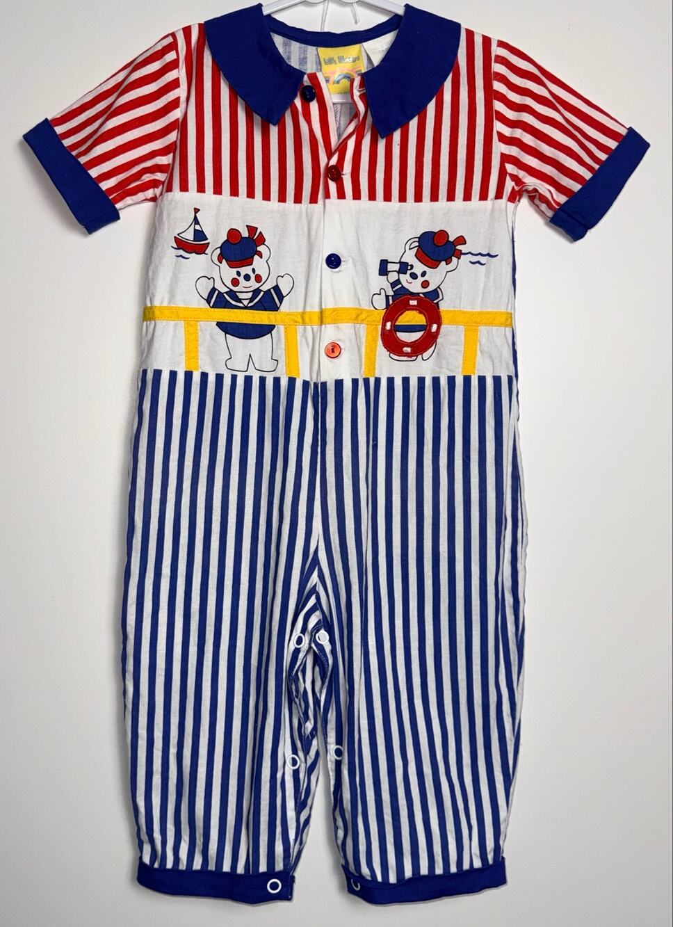 Vintage 80s Little Wonders 18M Sailor Bear Nautical Striped Romper w Collar